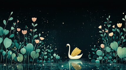 Wall Mural -   A Swan Floating in a Watery Pond with Plants and Flowers under a Starry Night Sky