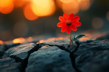 Wall Mural - Bright orange flower blooms in cracked ground at sunset, symbolizing resilience and beauty in nature