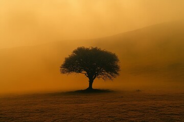 Wall Mural - Misty sunset illuminating a solitary tree in a golden landscape