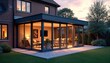 © Vadym - Modern sunroom extension attached to house. Glass walls create seamless indoor-outdoor flow. Cozy patio with paved area, garden. Evening scene with soft lighting inside sunroom. Ideal for residential