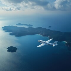 Poster - Airplane glides serenely over vast blue ocean with small islands dotting the tranquil waters below. Generative AI