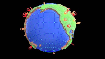 Wall Mural - From low angle shot a rotating globe with rotating and transforming of some color Location Icon on timing created by procedural geometric 3D modeling seamless looping cartography animation.