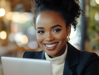 Wall Mural - Smiling Woman in Business Attire Using Laptop