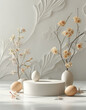 © aiximagination - Easter themed product display podium background, Minimalist spring vibe, pastel blossoms and monochrome egg sculptures, abstract spring patterns for a chic vibe, ad, podium platform