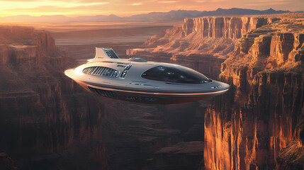 Wall Mural - Futuristic spaceship landing in a scenic canyon at twilight, digital art of sci fi landscape concept. Dream Canyon. Illustration