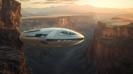 Wall Mural - Futuristic spaceship landing in a scenic canyon at twilight, digital art of sci fi landscape concept. Dream Canyon. Illustration
