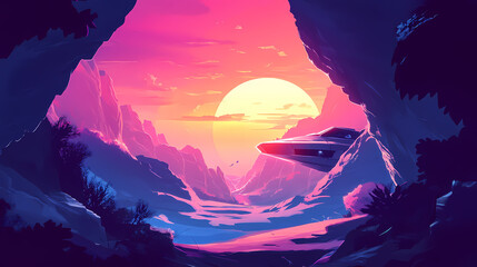 Wall Mural - Futuristic spaceship landing in a scenic canyon at twilight, digital art of sci fi landscape concept. Dream Canyon. Illustration