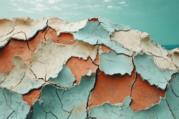 Wall Mural - Cracked paint reveals layers of teal, beige, and burnt orange, creating an abstract textured landscape against a sky.