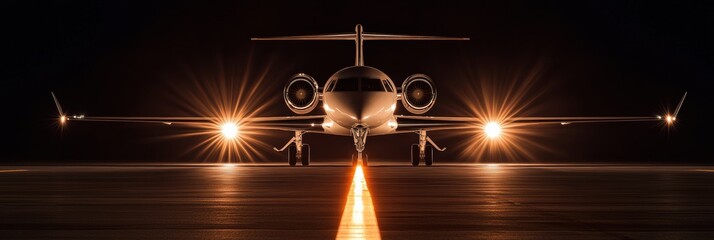 Poster - Illuminated runway with airplane surrounded by navigation lights at night. Generative AI