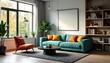 © Vadym - Modern apartment living room with bright sunlight streaming through large windows. Cozy teal sofa with vibrant orange, yellow pillows. Stylish orange armchair. Dark coffee table sits on gray rug.