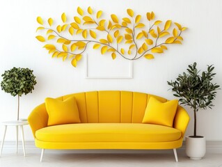 Wall Mural - Vibrant Living Room with Mustard Yellow Sofa and Tree Leaf Wall Art