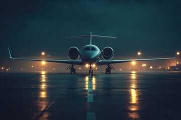 Fototapete - Airplane on illuminated runway at night with stunning navigation lights and dark skies. Generative AI