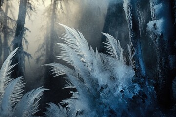 Wall Mural - Ice crystals resembling delicate feathers adorn a misty winter forest, creating a breathtaking scene.