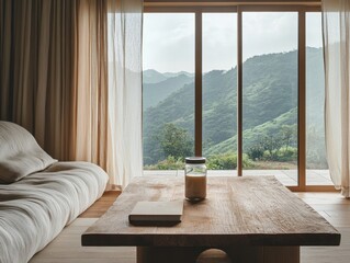 Wall Mural - A wooden coffee table with a book and a jar on it. A couch is in the background