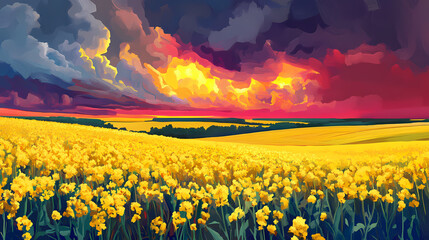 Wall Mural - Sunset storm over yellow canola field. Electric Meadow. Illustration