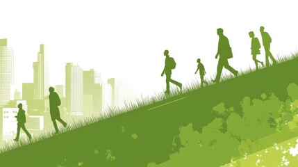 Wall Mural - Silhouetted figures walking on a green hillside with a city skyline in the background