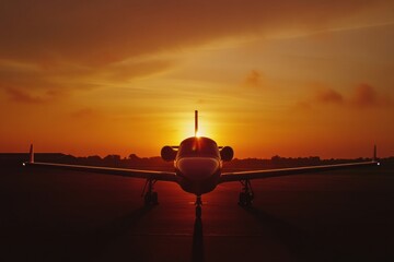 Leinwandbilder - Airplane silhouette creates stunning contrast against golden sunset sky in tranquil evening atmosphere. Generative AI