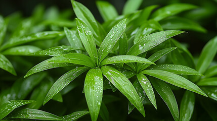 Wall Mural - dew-kissed lush green leaves, garden backdrop, nature photography, website banner