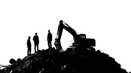 Wall Mural - Silhouetted workers and excavator at a construction site against a bright sky backdrop