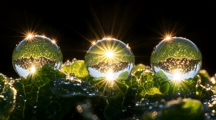 Wall Mural - three dewdrops reflecting sunrise on plants, dark background, nature photography, ideal for wellness