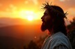 © Vadym - Jesus Christ silhouette at golden hour sunset. Man with crown of thorns. Spiritual figure looks to sky. Religious imagery. Dramatic lighting. Peaceful scene. Possible concepts for image faith,