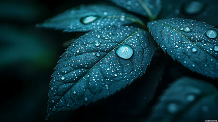 Wall Mural - dew-covered leaves, close-up, dark background, nature photography, website banner