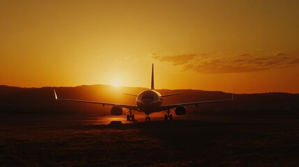 Poster - Airplane silhouette glides against a golden sunset over distant mountains in evening sky. Generative AI