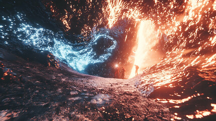 Wall Mural - explorers investigate fiery, icy cave chasm; cosmic background