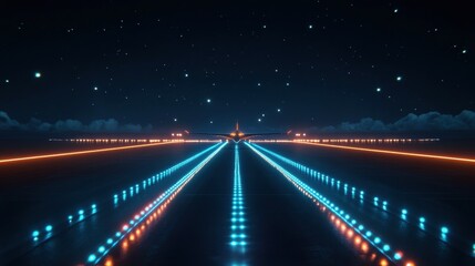 Fototapete - Airplane landing on illuminated runway at night, surrounded by colorful navigation lights and starry sky. Generative AI