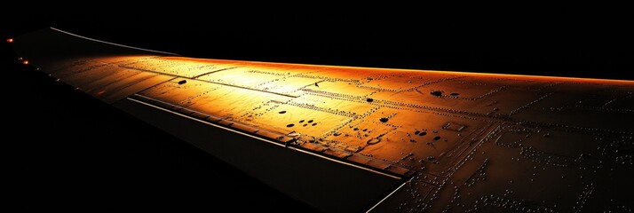 Fototapete - Airplane wing illuminated by vibrant sunset glow against darkening sky. Generative AI