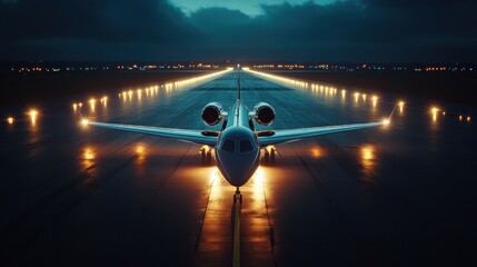 Fototapete - Airplane preparing for takeoff on illuminated runway with navigation lights at night. Generative AI
