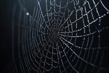 A spiderweb glistening with morning dew, intricate design, dark background.