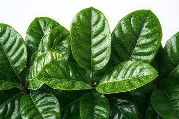 Wall Mural - Closeup of Lush Green Leaves with Water Droplets on White Background