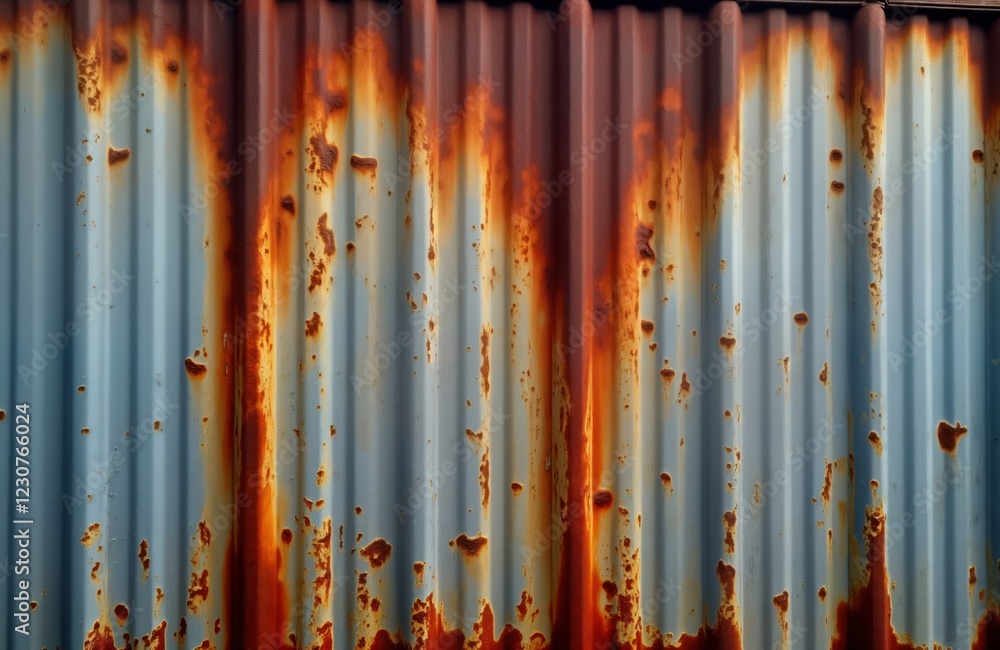 Rustic corrugated metal wall shows rust, decay. Aged zinc material with ...