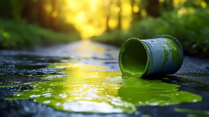 Wall Mural - A green paint can is on the ground, with paint spilling out of it