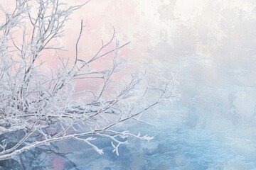 Wall Mural - Frost-covered branches reach over a tranquil, icy blue water reflecting a soft pink sky.