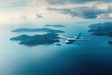 Poster - Airplane glides gracefully over a vast blue ocean with small islands dotting the horizon. Generative AI