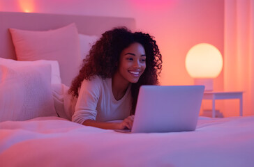 Wall Mural - Young woman with curly hair using a laptop on bed in cozy bedroom with soft lighting.