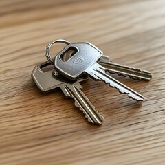 Wall Mural - Close-up shot of house keys on light wood table with clean background