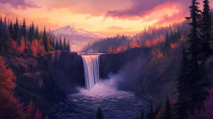 Wall Mural - Captivating snoqualmie falls at dusk in autumn: a serene landscape showcasing cascading water and vibrant fall foliage amidst a tranquil twilight sky. Enchanted Falls. Illustration