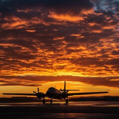 Poster - Silhouette of an airplane against a stunning golden sunset in the evening sky. Generative AI