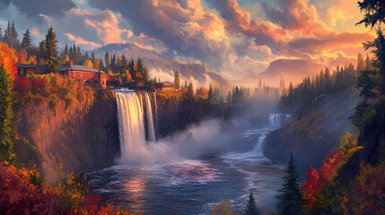 Wall Mural - Captivating snoqualmie falls at dusk in autumn: a serene landscape showcasing cascading water and vibrant fall foliage amidst a tranquil twilight sky. Enchanted Falls. Illustration