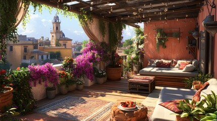 Sunlit Mediterranean Terrace with City View