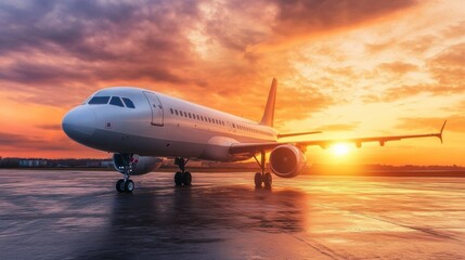 Poster - Airplane silhouette flying into a vibrant golden sunset at an airport during early evening hours. Generative AI