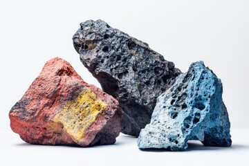 Wall Mural - Three colorful volcanic rocks, dark gray, red and blue,  with porous texture, displayed against a white background.