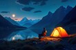 © Vadym - Man sits by lake at night. He is by tent in mountain landscape. Moonlight and stars shine above. Peaceful moment in nature. Adventure and tourism concept. Outdoor leisure. Relaxation and travel theme.