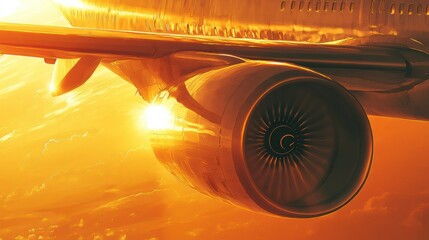 Poster - Beautiful sunset illuminating airplane wing and engine during flight. Generative AI