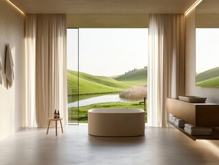 Wall Mural - A bathroom with a bathtub and a sink. The bathtub is white and the sink is brown. There is a towel rack on the wall