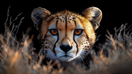 Wall Mural - intense gaze of a cheetah: close-up portrait in a dark ambience with tall grass