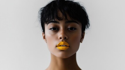 Wall Mural - Asian young female with yellow lipstick on white background